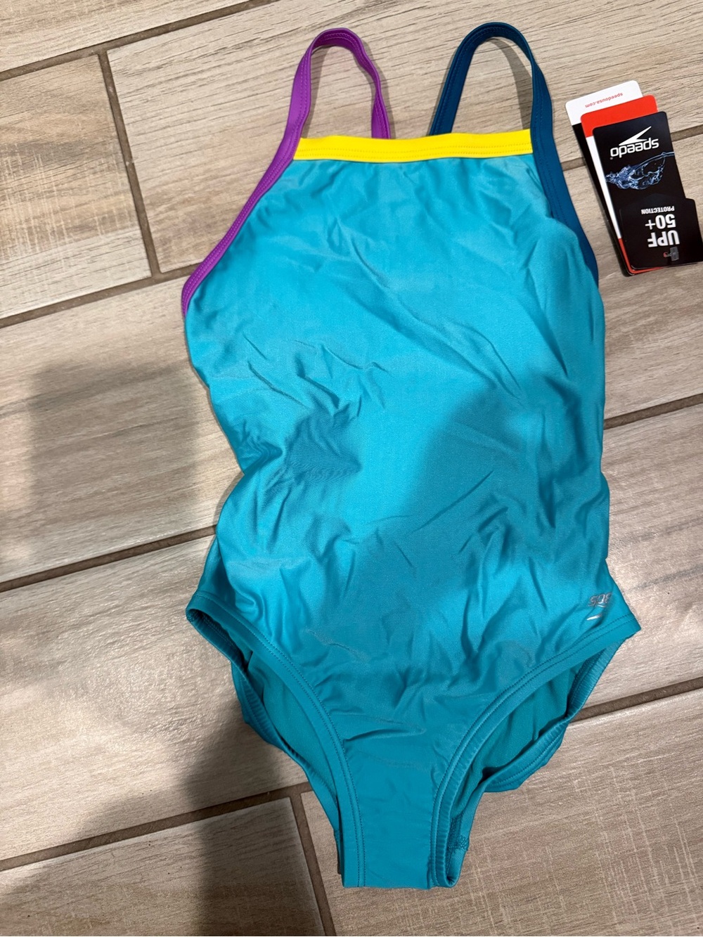 Speedo girls Teal One-Piece Swimsuit with Purple & Navy Straps size 8 NWT